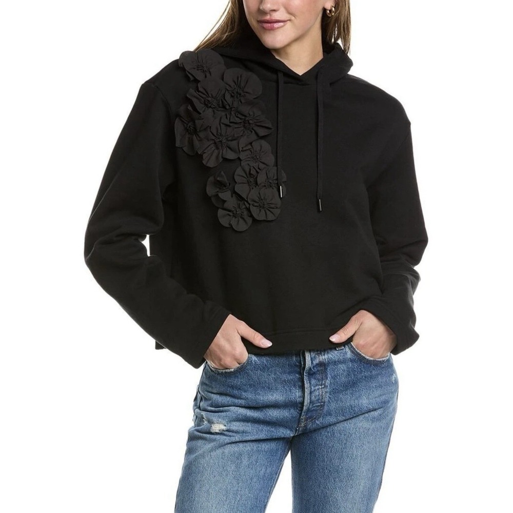 Jason Wu Black Cropped Hoodie 3D Floral Appliqué Sweatshirt Size L